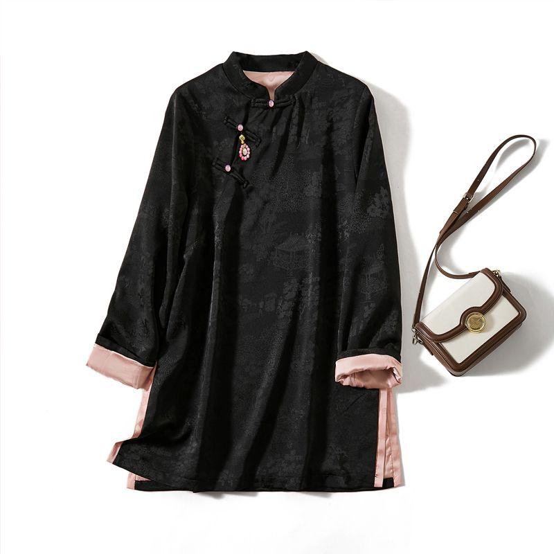 

Pursue Quality Tops! Elegant Women s Dark Pattern Silk Cotton Double-Layer Small Stand Collar Double Slit Long Skirt T-shirt New Black L