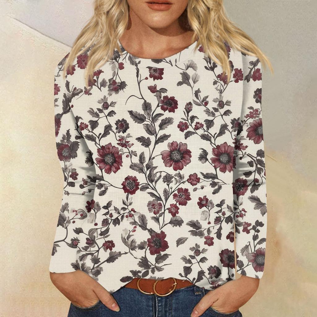 Women's Fashion Casual Long Sleeve  Print Round Neck Top