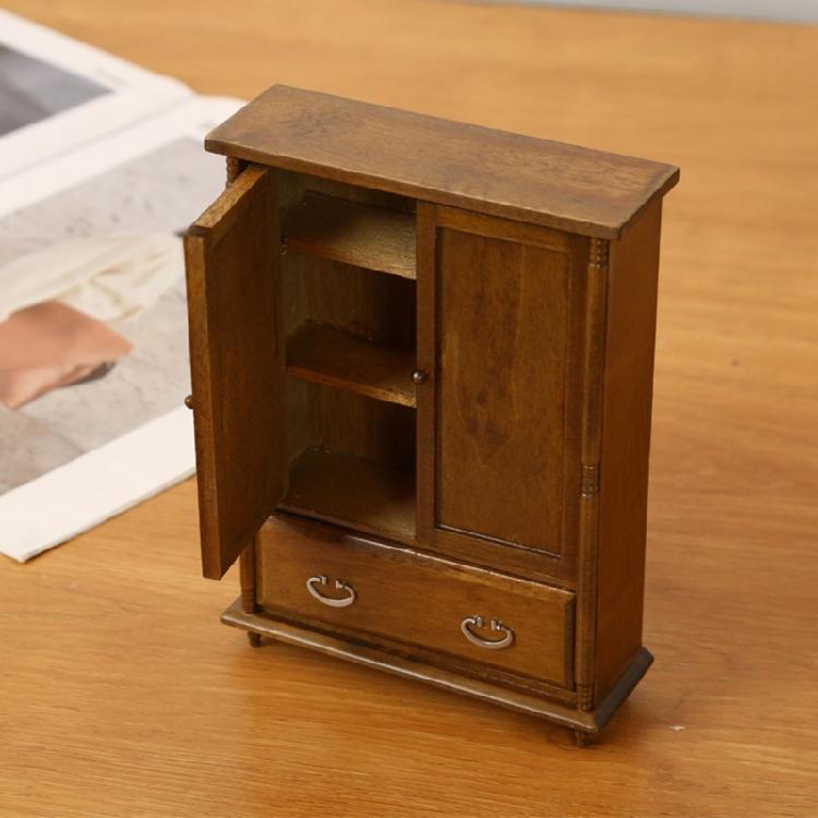 Handmade 1/12 Dollhouses Miniature Wardrobe Model Wood Closet Dollhouses Furniture with Functional Double Door for Display