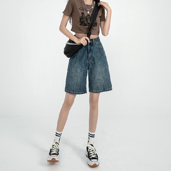 Women's High-Waist Retro Denim Shorts: Loose, Straight-Leg, 5-Point Mid-Length, Hong Kong & Japanese Style for Spring & Summer