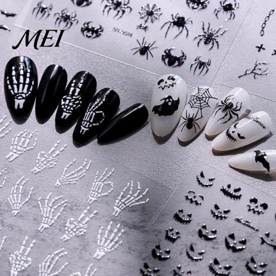 Nail Decor Sticker Halloween 3D Embossed Stickers, Skeleton Hand Pumpkin Spider Bat Art Decals, Gothic Manicure Decoration Decals for Holiday