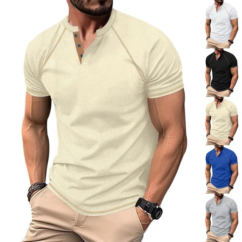 Mens Casual Summer Waffle Raglan Short Sleeve Henley T Shirt