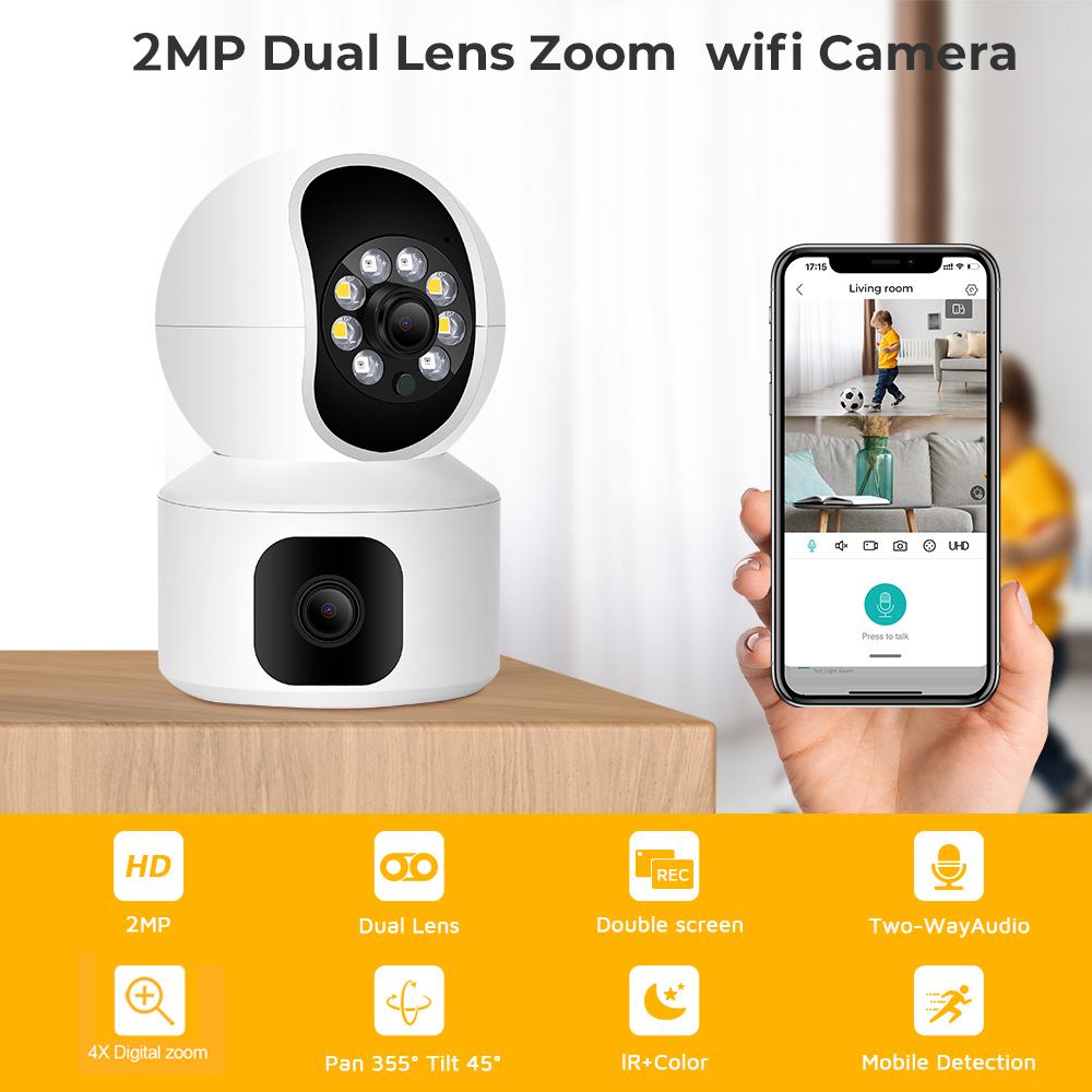 Two Lens IP Camera Dual Screen Shaking Head Machine WIFI Baby Monitor AI Human Body Detection Indoor Security Video Monitoring