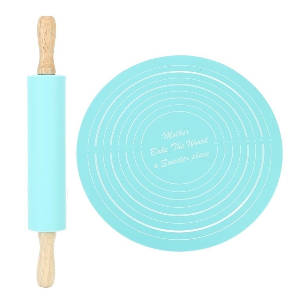 2PCS Wooden Handles Silicone Rolling Pin Silicone Baking Tool Set Pastry Baking Mat Home Baking
