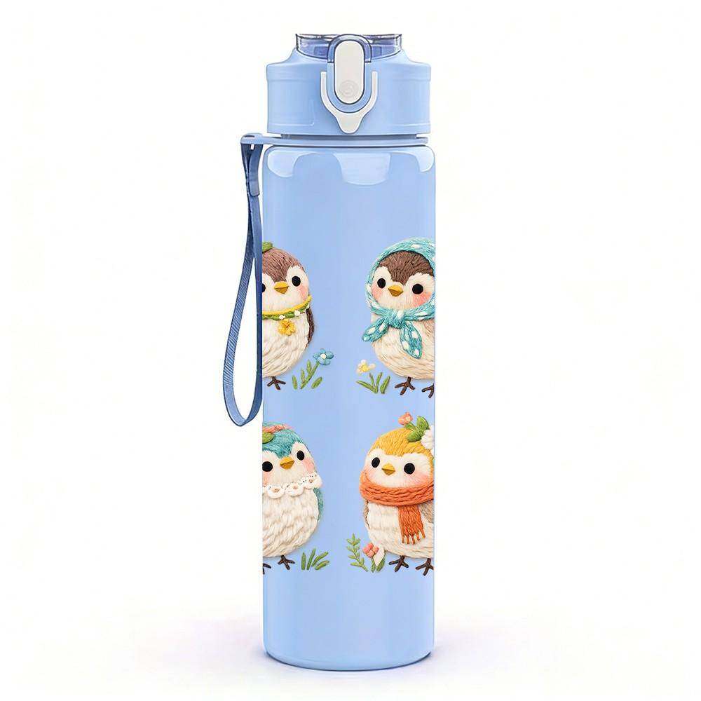 1PC Cute Penguin Winter Group Cartoon Print 750ml Color Plastic Sports Water Bottle Leakproof Flip Straw Lid Suitable for Sports Office Home Use