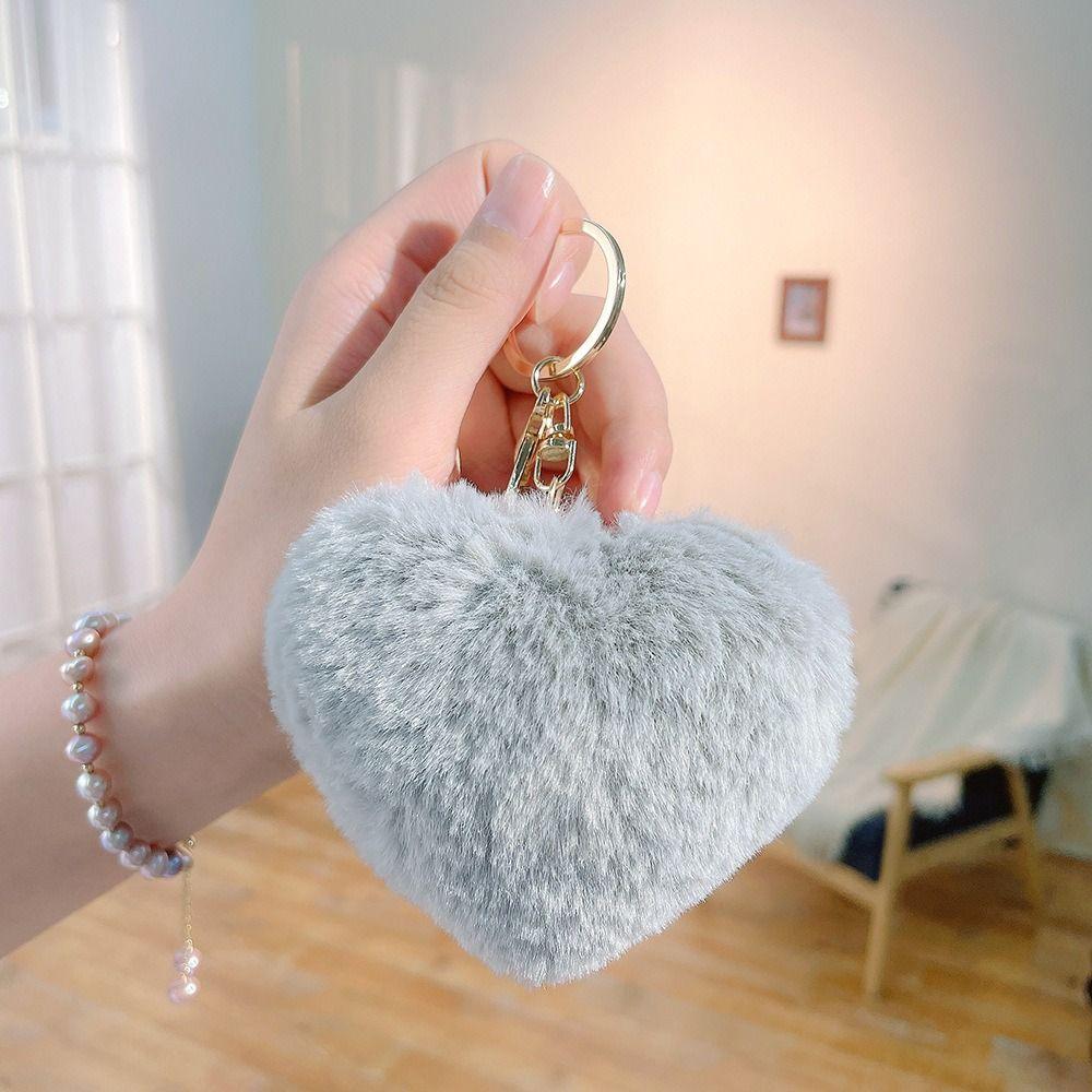 Love Heart Plush Bag Pendant Fluffy Ball Car Key Ring Imitation Rabbit Fur Solid Color Key Chain Bag Accessories