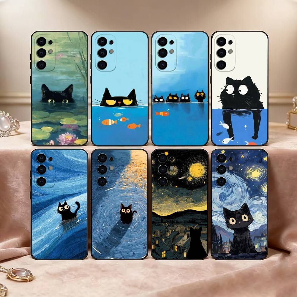 Cute Black Cat Illustration Phone Case For Samsung S25,S24,S21,S22,S23,S30,Ultra,S20,Plus,Fe,Soft Silicone Black Cover