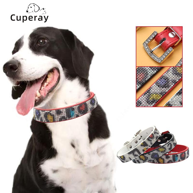 Classic Dog Collar,Colorful Crystal Diamond Buckle Sparkle Leopard Print Leather with Rhinestones Collar for Small Dogs Medium Cats Dogs