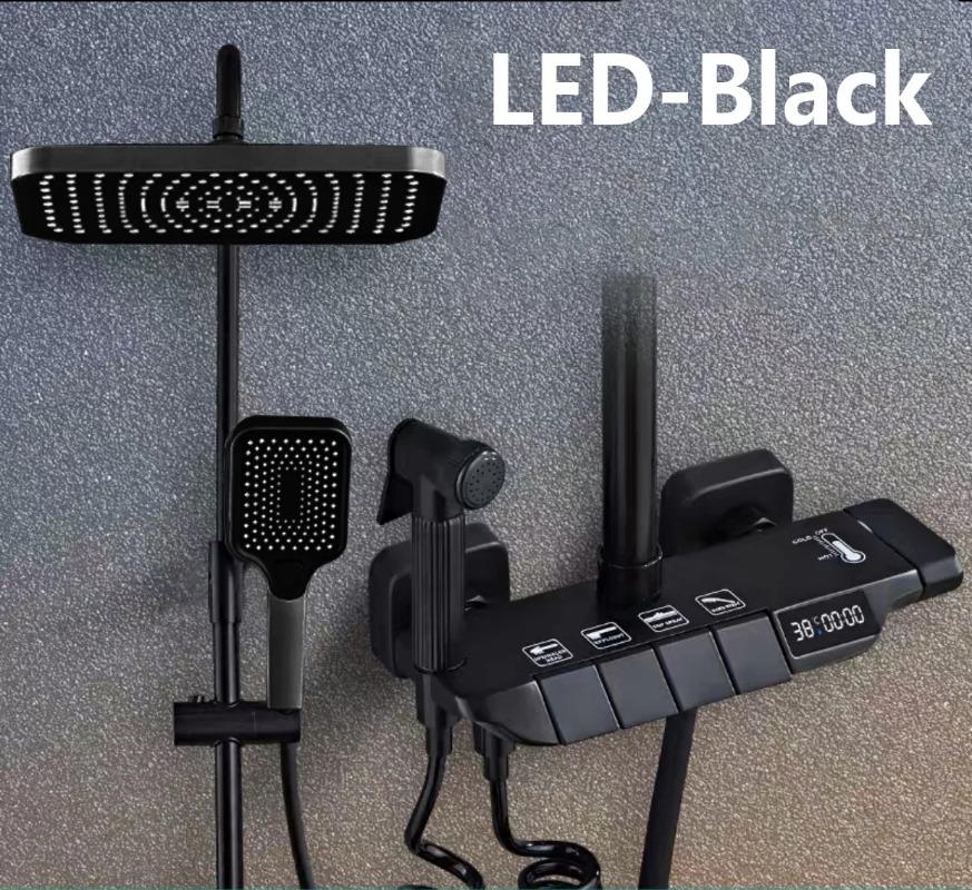 

Черный цифровой душевой набор для ванной комнаты, латунный настенный 4-ходовой смеситель для душа, термостат для ванны, смеситель для дождя, душевая система