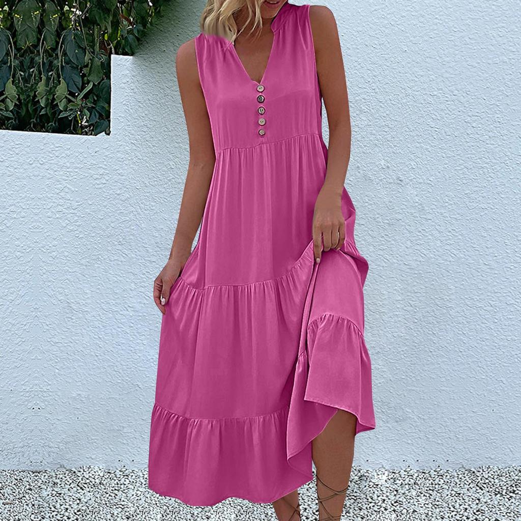 Women's Fashion Sleeveless Pleated Loose V-Neck Mid-Length Solid Colour Dresses
