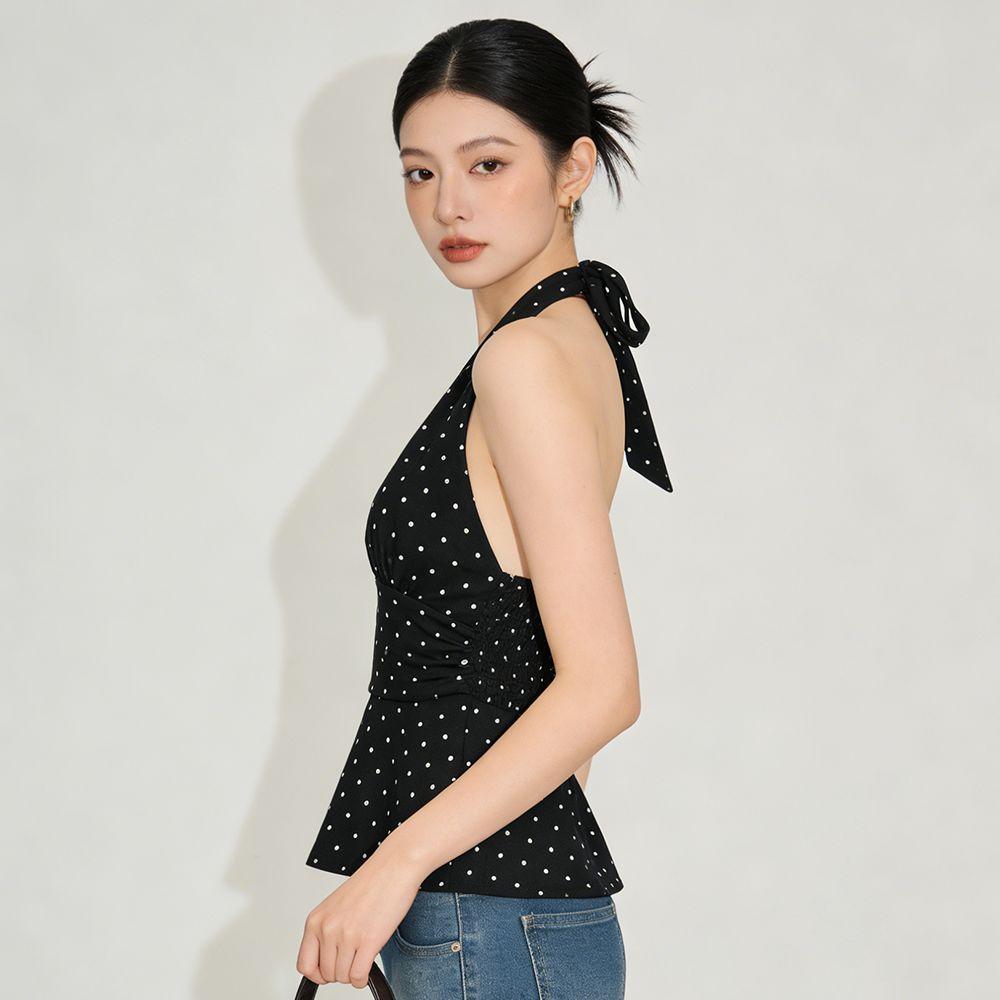 Deep V Neck Lace-up Dots Camisole Sleeveless Hanging Neck Top Halter Ruffle Vest  Lady