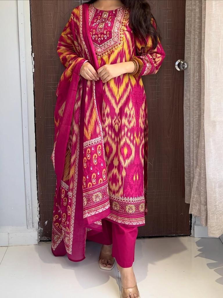 Set Kurta Top Lavorazione Specchio Cotone Pesante Set Kurti Pantaloni Dupatta Indiano Bollywood