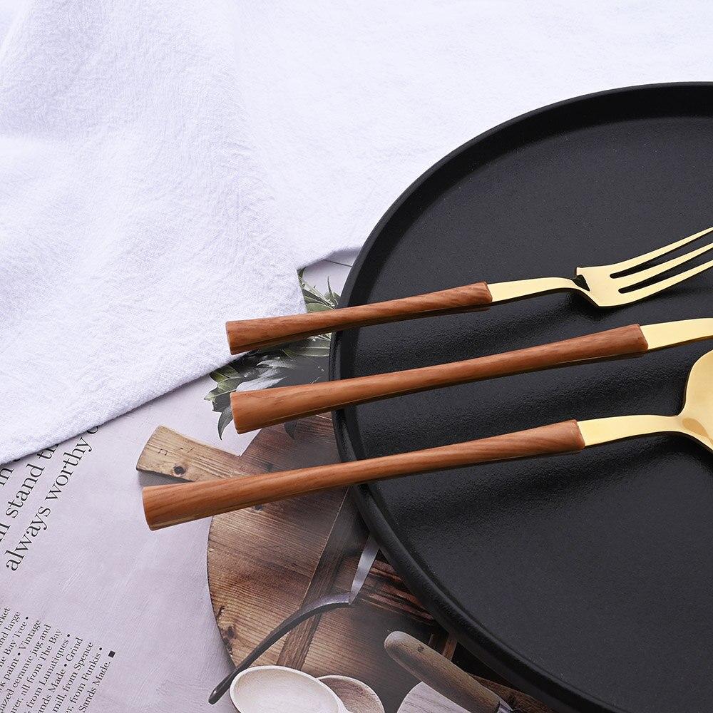 Brown Gold 20Pcs Stainless Steel Cutlery Set Knife Fork Coffee Spoon Dinnerware Imitation Wood Handle Tableware Kitchen Flatware
