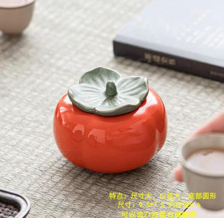 Creative Ceramic Persimmon Candy Storage Jar Portable Sealed Tea Jar Storage Container Desktop Ornament Tea Jar Home Decoration