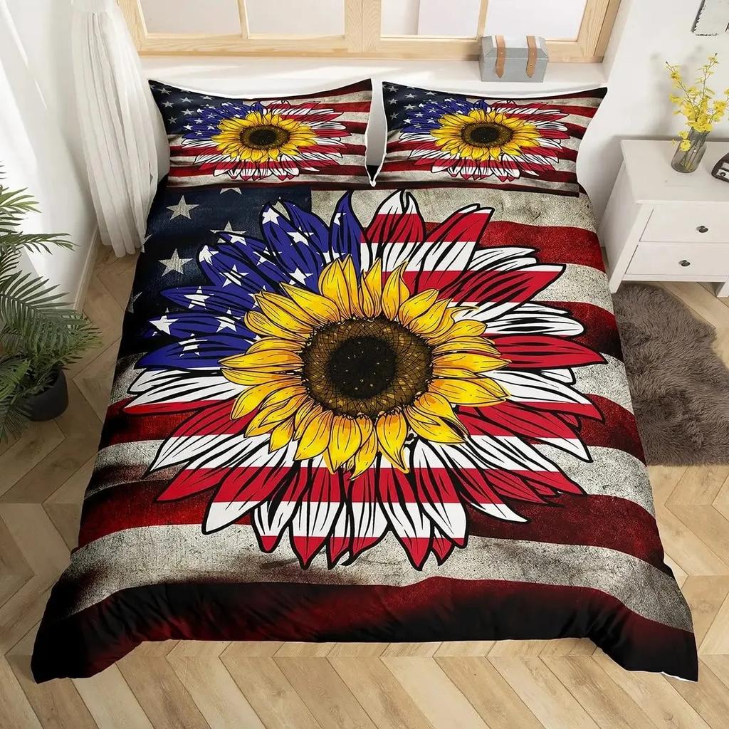 Sunflower Duvet Cover Set Full Size for Girl Yellow Flower Bedding Set Botanical Floral Comforter Cover on Teal Wood Quilt Cover