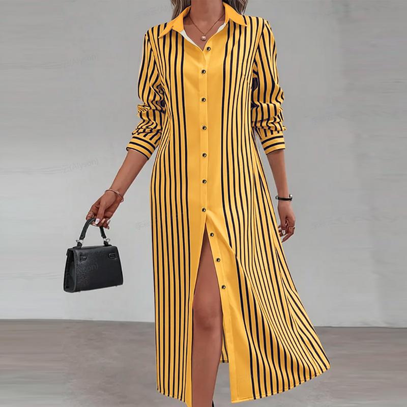 ZANZEA Women Casual Turn Down Collar Long Sleeve Stripe Dress
