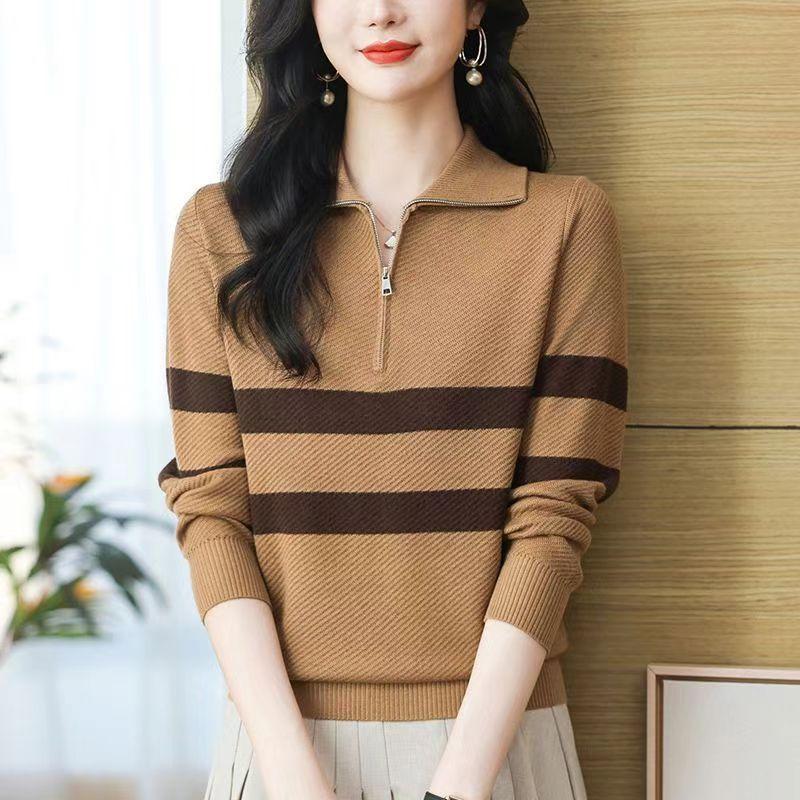 Women's Lapel Knitted Sweater Loose Sweater Polo Collar Knitted Sweater Long Sleeved Top