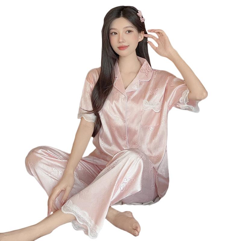 Sweet Butterfly Satin Ice Silk Jacquard Pajamas Women'S Lace Summer Short-Sleeved Comfortable Loungewear Set