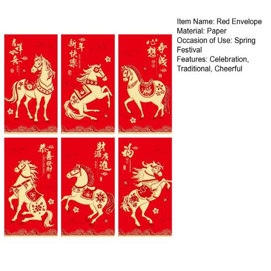6 Pcs 2026 Chinese New Year Red Envelopes Year of The Horse Red Envelopes Cartoon Horse Lucky Money Pocket for Spring Festival