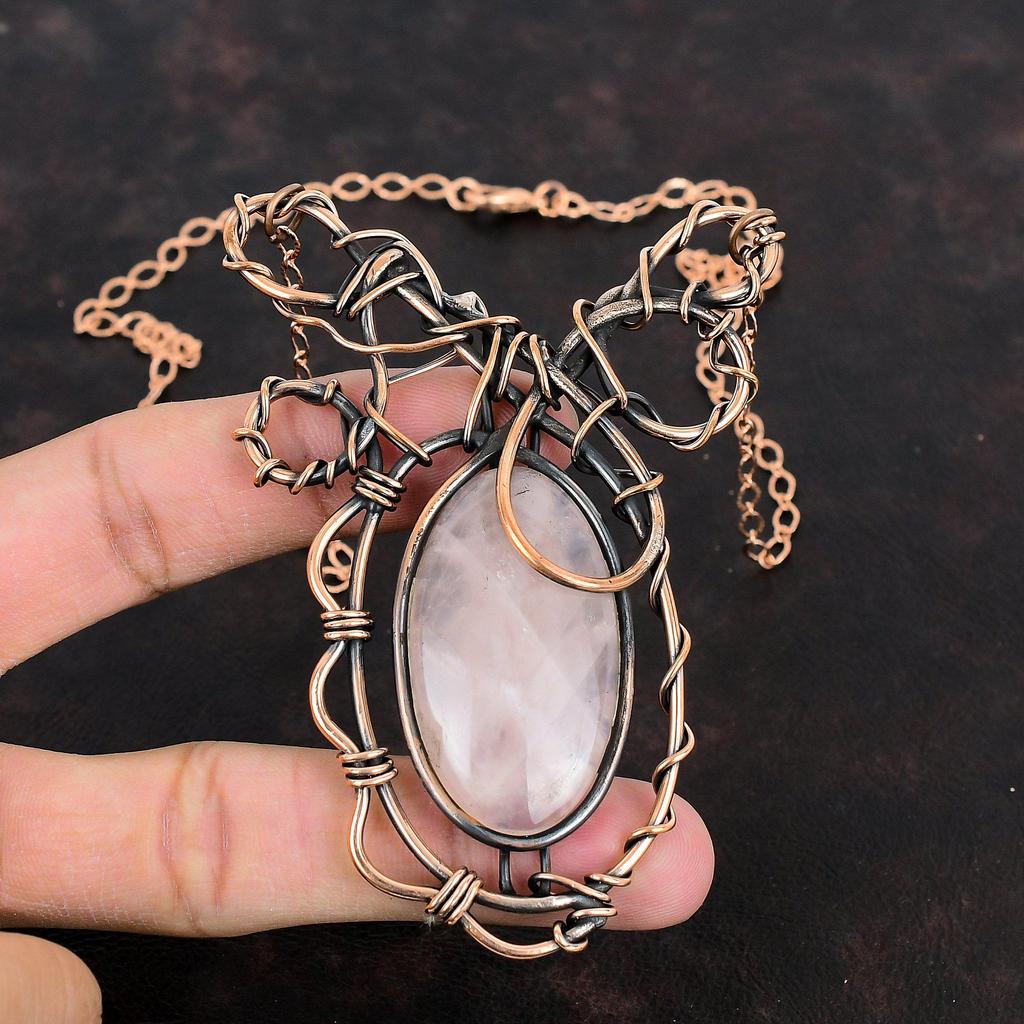 Rose Quartz Necklace Copper Wire Wrapped Jewelry Gemstone Necklace Handmade Adjustable Necklace Copper Wire Wrapping Necklace Gifts For Mom