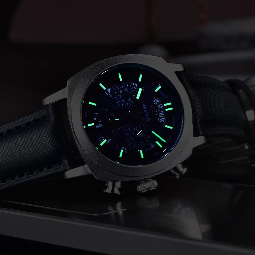 Benyar New 43mm Luminous Dial Men's Sports Quartz Watch Chronograph 50M Waterproof Business Wristwatch Relogios Masculino