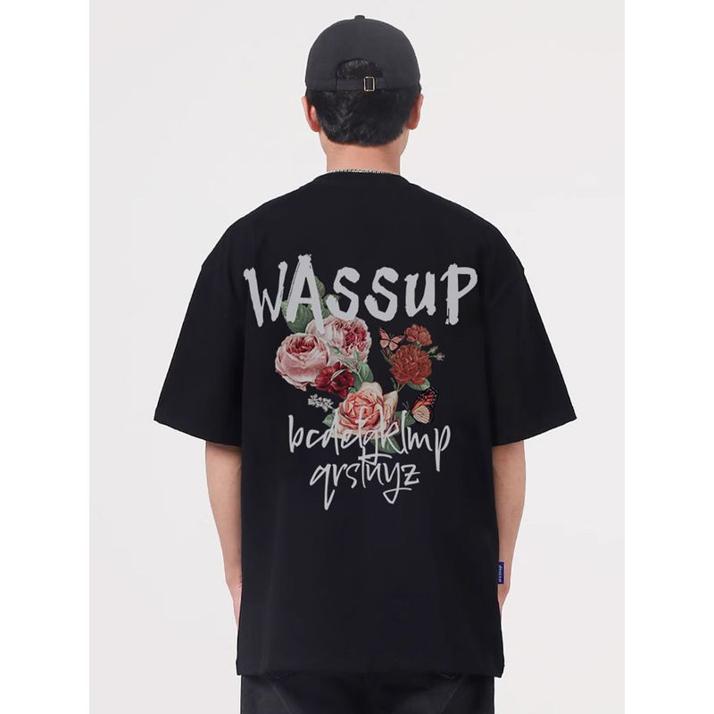 Wassup Heods Rose Letter Short-Sleeved Men's Summer 2024 New National Fashion Brand Casual Couple Half-Sleeved Top