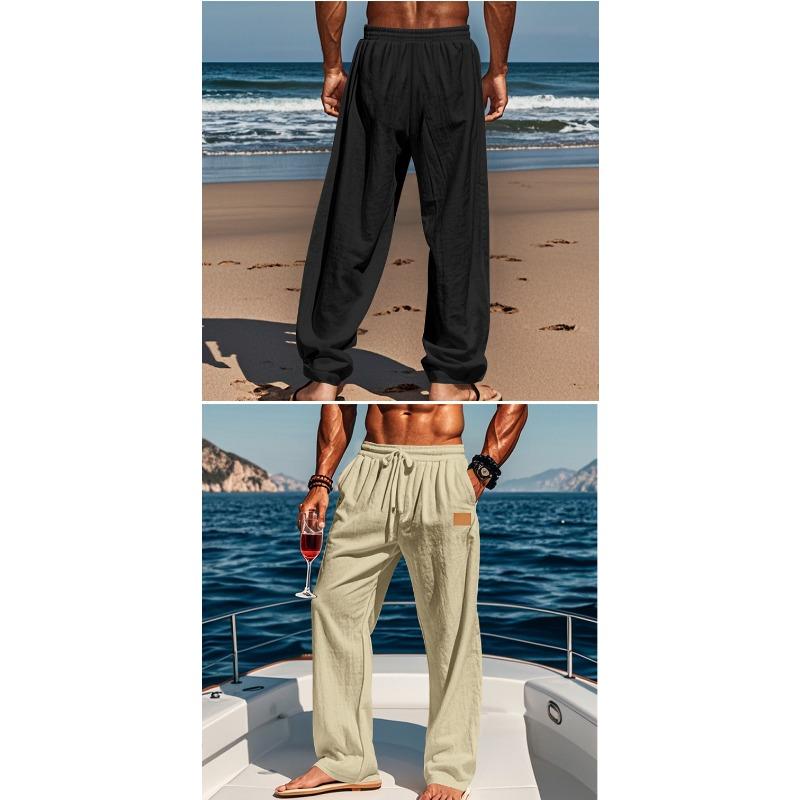 Men Thin Linen Cotton Straight Casual Long Trousers For Daily Beach Wear