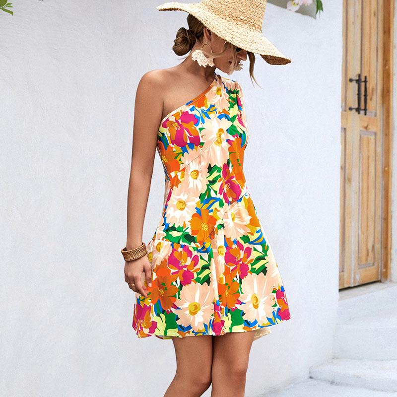 Women Summer One Shoulder Flower Printing One Piece Dress
