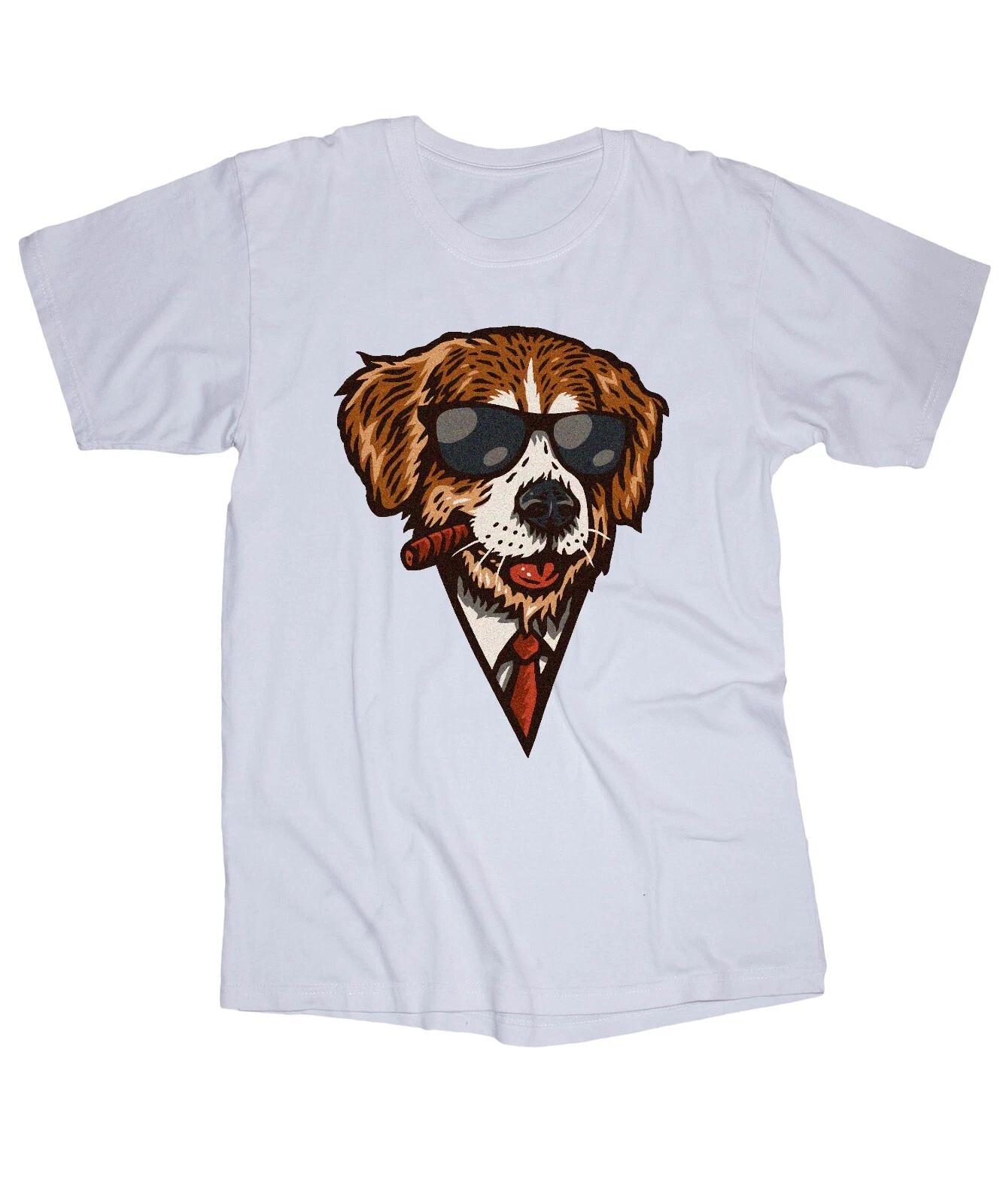 Cool Dog with sunglasses smoking cigar funny graphic white T-shirt XL