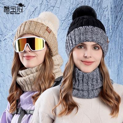 Winter Warm Hat Scarf Two-piece Cover Outdoor Cold Protection Ear Protection Pullover Hat Women's Velvet Thickened Knitted Wool Hat
