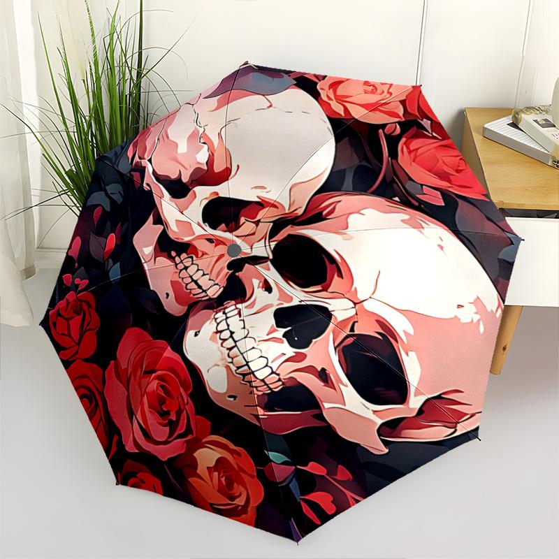 

1pc Romantic Skulls & Roses Auto Open Close Umbrella, Portable Folding Design with Iron Frame for Outdoor Use, Perfect Gift for Fans, Travelers,