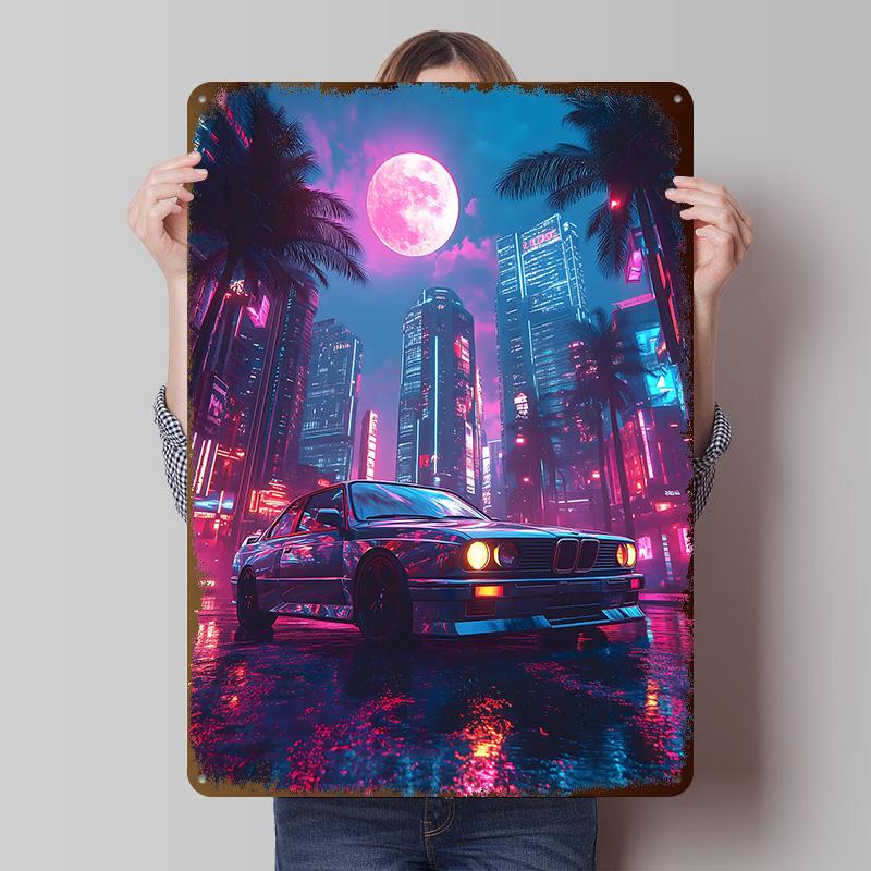 Sports Car M E Neon City Printed Poster Customized Wall Art Retro Vintage Metal Tin Signs for Home Bathroom Decor House Items