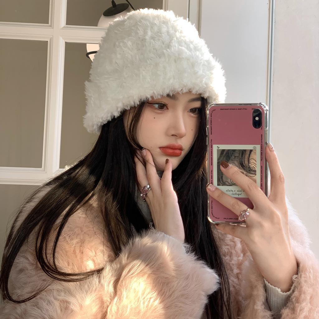Imitation Fur White Plush Hat for Women with Winter Cute Wool Knitted Hat for Women with Warm Ear Protection Cold Hat