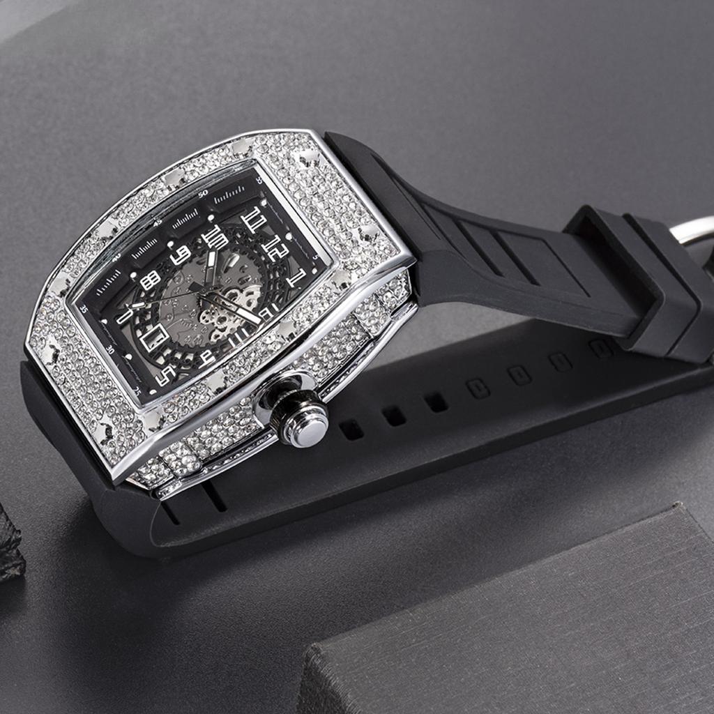 European and American Personality Full of Diamond Barrel Type Silica Gel Strap Quartz Men's Watch