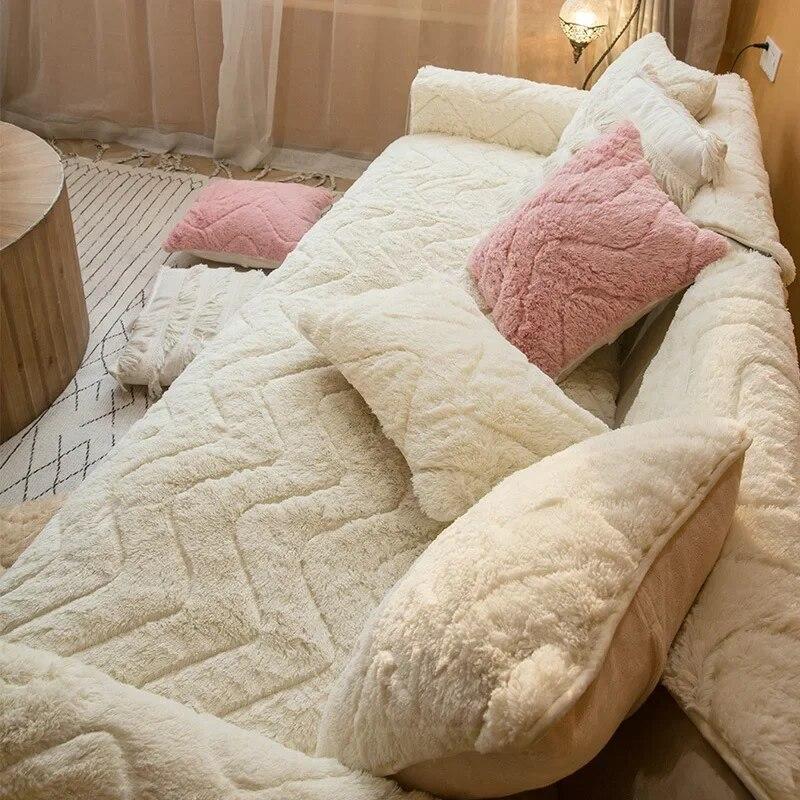 Weicher Plüsch-Sofa-Kissenbezug, Beige/Grau, Couch-Bezug, Kissenbezug, einfarbig, rutschfest, dickes Kissen, europäischer Stil
