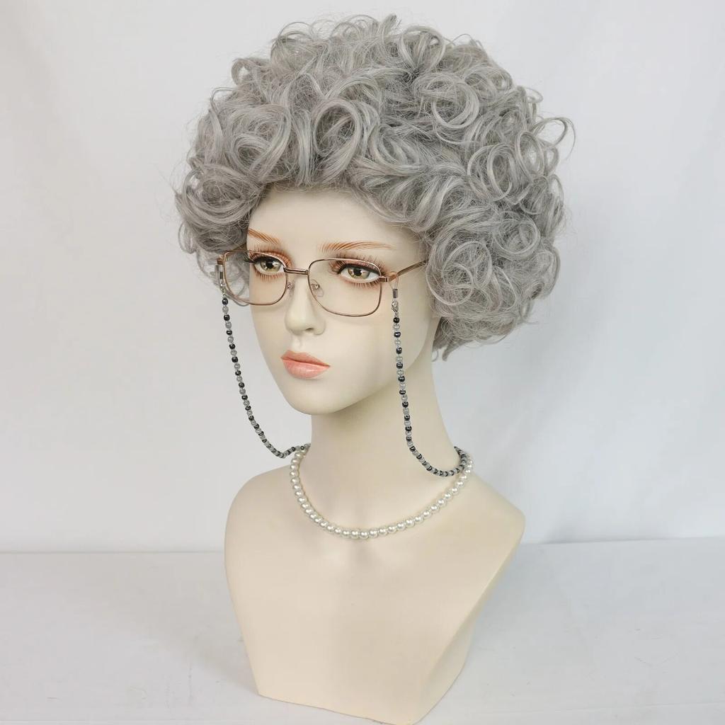 1 Brille + 1 Halskette + kurze graue lockige Oma-Kostüm, Cosplay-Perücke für Halloween, Weihnachten, Schule, Erntedankfest