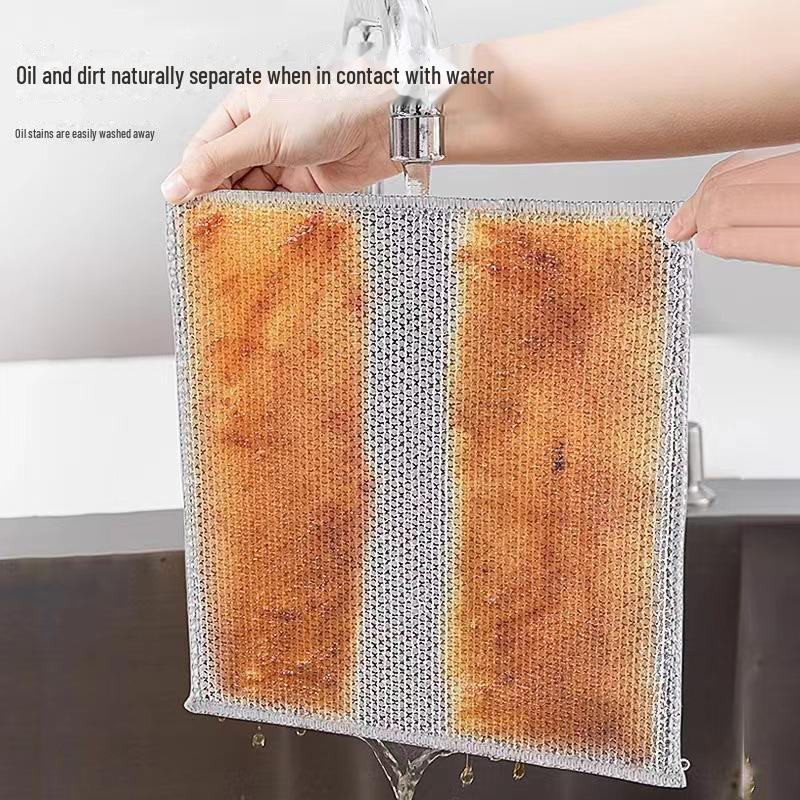 Double-Sided Silver Wire Dishcloth: Steel Wool Alternative for Non-Stick Kitchen Cleaning.