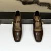 2025 Women's Mid-heeled Single Shoes Square Toe Velcro Chain Small Leather Shoes Office French Shallow Mouth Zapatillas De Mujer