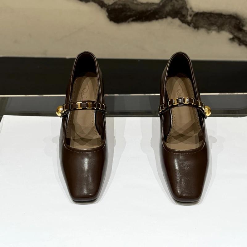 2025 Women's Mid-heeled Single Shoes Square Toe Velcro Chain Small Leather Shoes Office French Shallow Mouth Zapatillas De Mujer