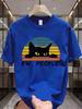 Unisex Black Crew Neck Tee Peeking Black Cat Sunset Text Print Loose Oversized Short Sleeve Unisexs Streetwear Summer Casual Basic Top