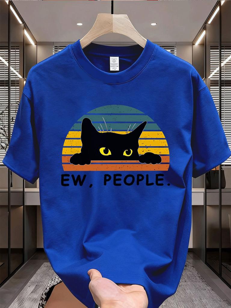 Unisex Black Crew Neck Tee Peeking Black Cat Sunset Text Print Loose Oversized Short Sleeve Unisexs Streetwear Summer Casual Basic Top