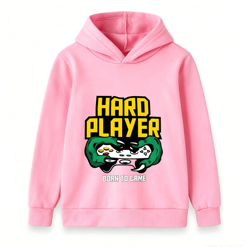 Kids Boys Girls Hard Player Born To Game Print Hoodie Casual Long Sleeve Pullover Sweatshirt For Gaming Lovers