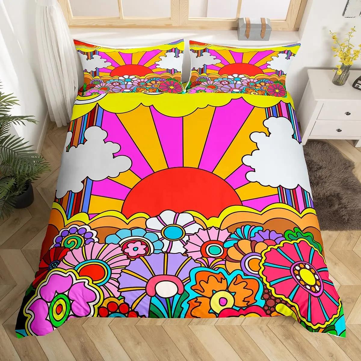 

Hippie Flower Duvet Cover Set Boho Mandala Bedding Set Microfiber Groovy Flowers Comforter Cover King For Girls Women Room Decor 70x133cm 2pcs