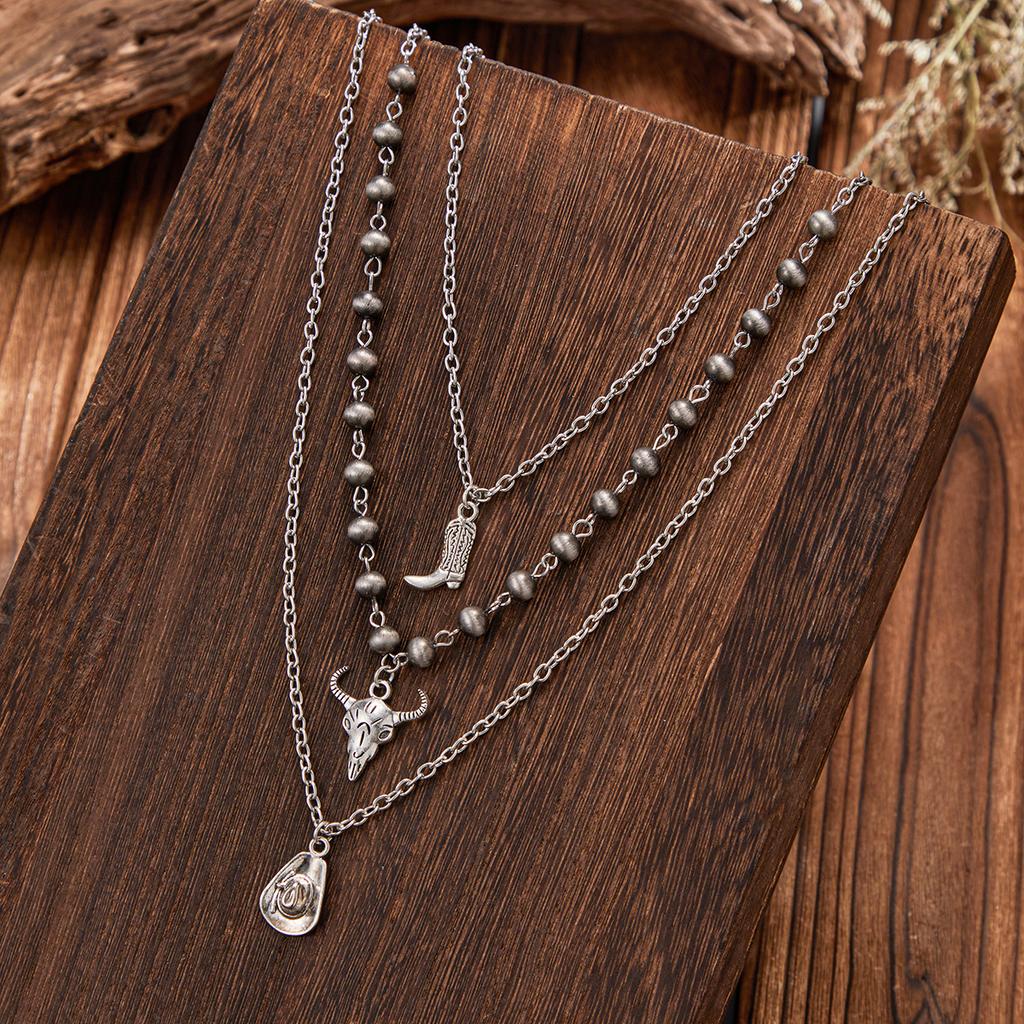 PuRui Ethnic copper Color 3Pcs/Set Thin Chain Necklace for Women Boot Horn Pendant Adjustable Round Beads Choker Zircon Gift