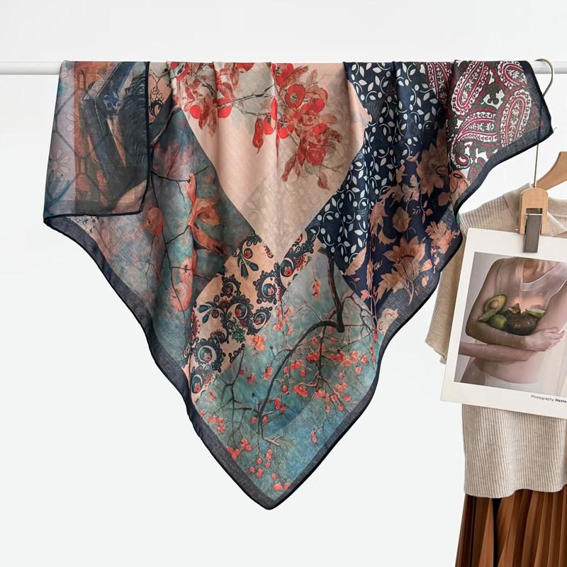 91 Retro Double-sided Velvet Large Square Scarf Women's New Spring and Autumn Foreign Style Fashion Cashew Flower Silk Scarf Neck Scarf Shawl