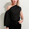 Women Fashion One-sleeve Loose and Thin Casual Slim Shirt Chic Solid Color Long-sleeved Asymmetrical Shirt