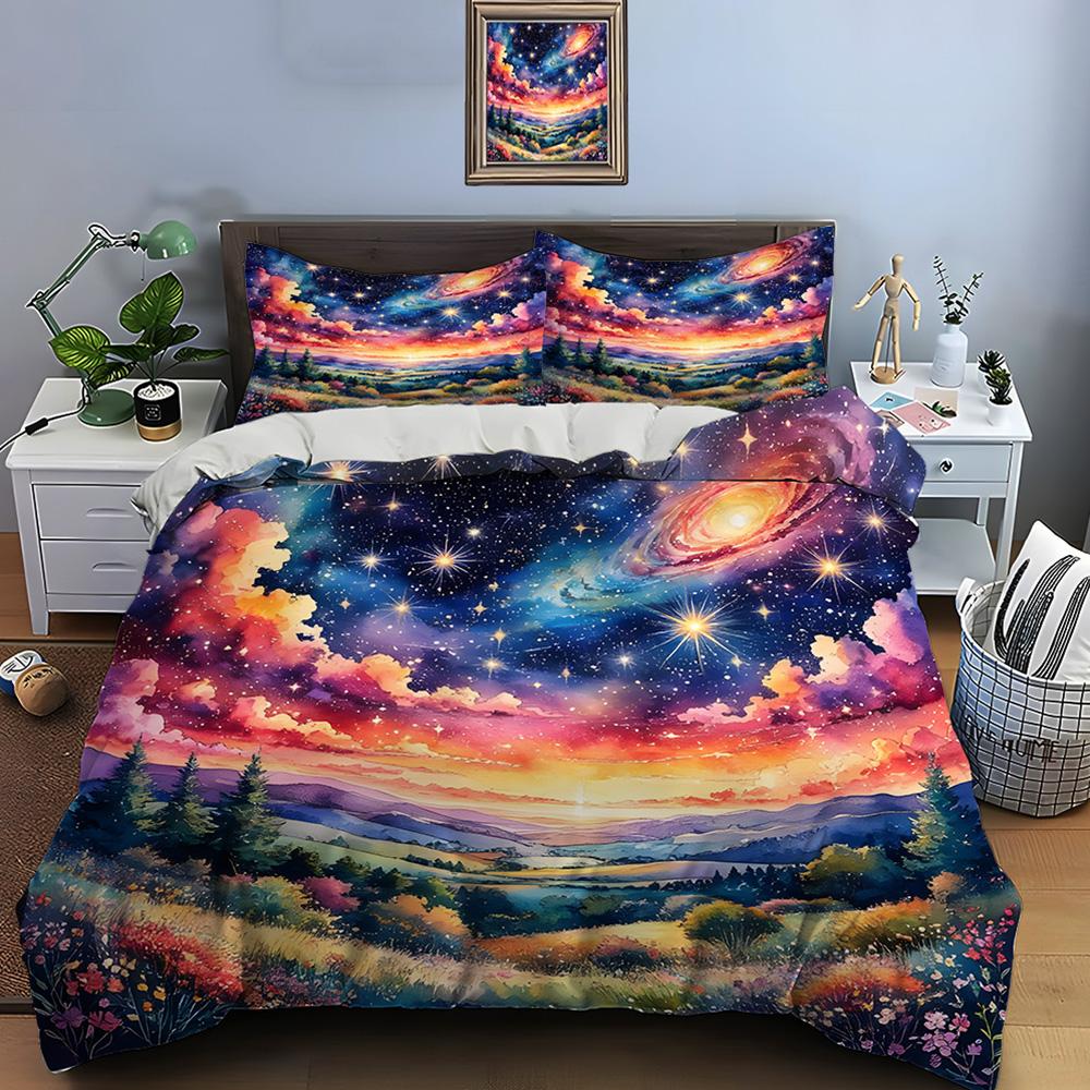 Colorful Dreamy Sky Countryside Bedding Set For Kids Luxury Gift 3Pcs Digital Print Comforter Set Soft Comfortable Breathable