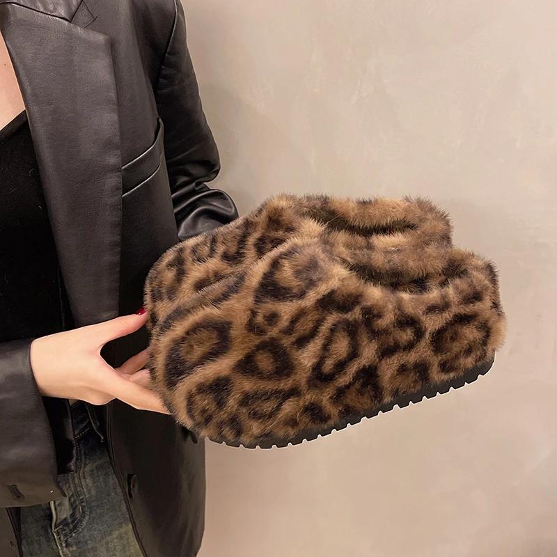Fashion Leopard Platform Fur Slippers Women Home Cotton Shoes Winter Warm Casual Plush Mules 2025 Trend Flip Flop Woman Snow Botas Mujer