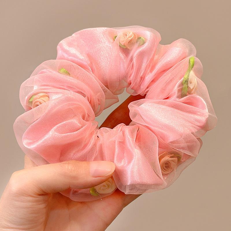 Rose Large Fat Intestine Hair Band Double-Layer Organza Head Flower Hair Band High Value Ponytail Hair Accessories