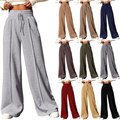 Pantaloni casual da donna alla moda, a gamba larga, con coulisse, a vita alta e tinta unita